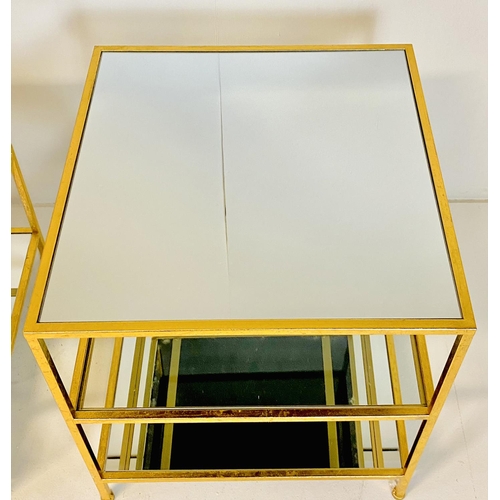 342 - SIDE TABLES, a pair, gilt metal with square mirrored tops and bases, 56cm H x 58cm x 58cm. (2)