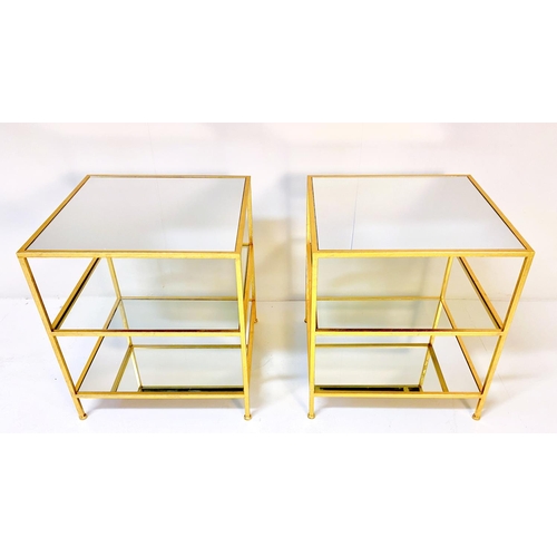 342 - SIDE TABLES, a pair, gilt metal with square mirrored tops and bases, 56cm H x 58cm x 58cm. (2)