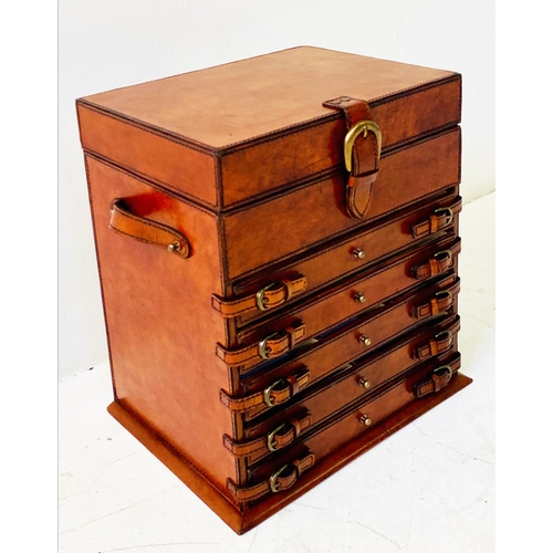 344 - TABLETOP STORAGE CHEST, tan leathered, 35cm H x 23cm x 31cm.