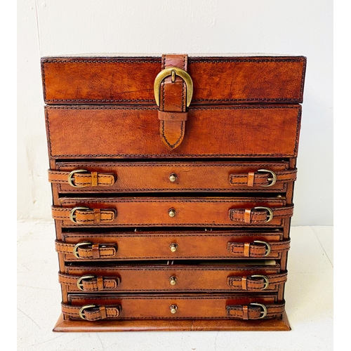 344 - TABLETOP STORAGE CHEST, tan leathered, 35cm H x 23cm x 31cm.