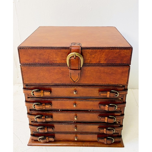 344 - TABLETOP STORAGE CHEST, tan leathered, 35cm H x 23cm x 31cm.