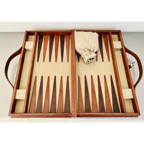 345 - BACKGAMMON SET, tan leathered case, 23cm x 40cm x 7cm H.