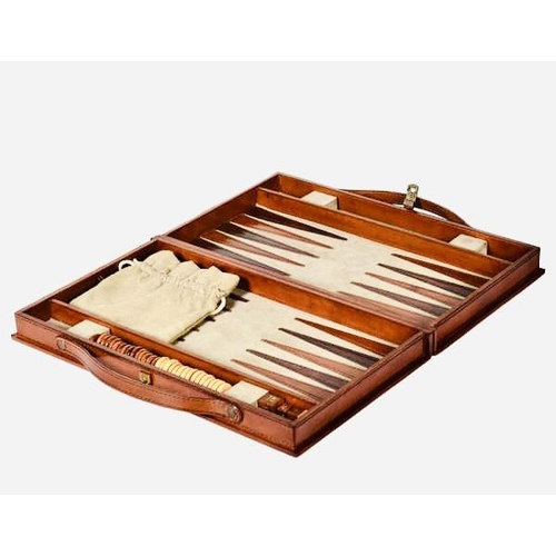 345 - BACKGAMMON SET, tan leathered case, 23cm x 40cm x 7cm H.