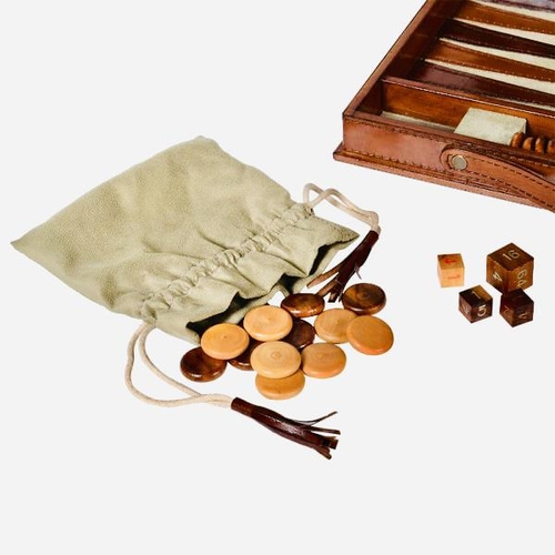 345 - BACKGAMMON SET, tan leathered case, 23cm x 40cm x 7cm H.