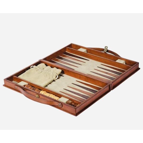 345 - BACKGAMMON SET, tan leathered case, 23cm x 40cm x 7cm H.