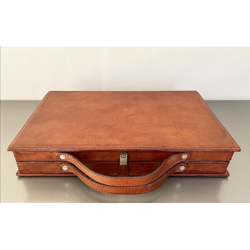 345 - BACKGAMMON SET, tan leathered case, 23cm x 40cm x 7cm H.