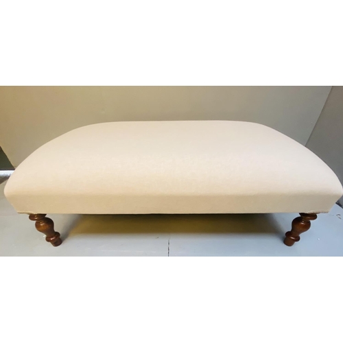 353 - FOOTSTOOL, neutral linen upholstery on turned supports, 38cm H x 101cm L x 59cm D