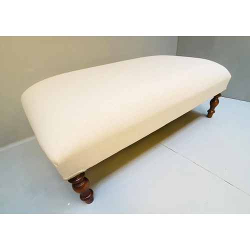 353 - FOOTSTOOL, neutral linen upholstery on turned supports, 38cm H x 101cm L x 59cm D