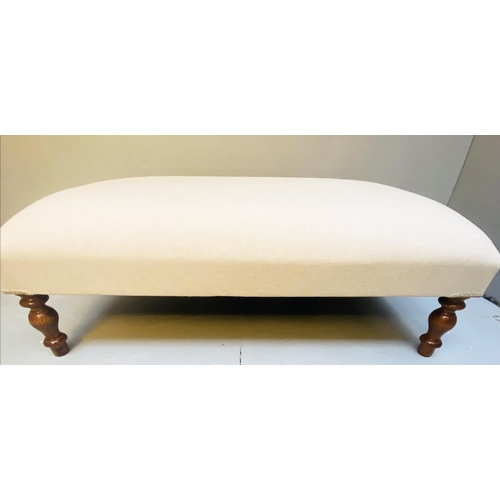 353 - FOOTSTOOL, neutral linen upholstery on turned supports, 38cm H x 101cm L x 59cm D