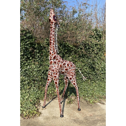 355 - CONTEMPORARY SCHOOL GIRAFFE GARDEN SCULPTURE, painted metal, 230cm H x 75cm.