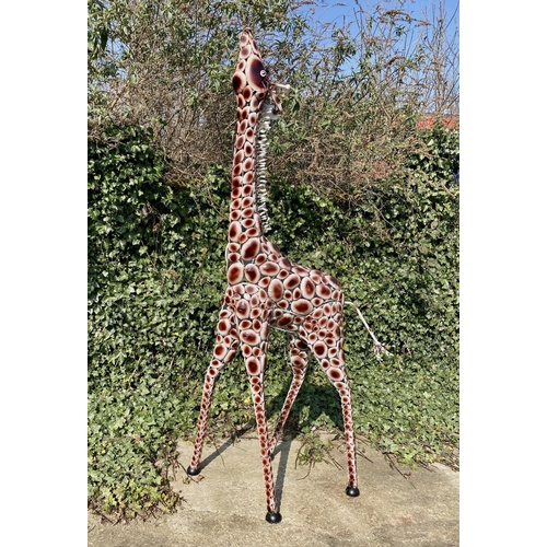 355 - CONTEMPORARY SCHOOL GIRAFFE GARDEN SCULPTURE, painted metal, 230cm H x 75cm.