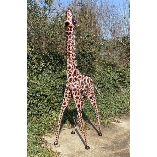 355 - CONTEMPORARY SCHOOL GIRAFFE GARDEN SCULPTURE, painted metal, 230cm H x 75cm.