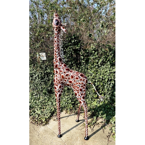 355 - CONTEMPORARY SCHOOL GIRAFFE GARDEN SCULPTURE, painted metal, 230cm H x 75cm.