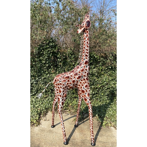 355 - CONTEMPORARY SCHOOL GIRAFFE GARDEN SCULPTURE, painted metal, 230cm H x 75cm.