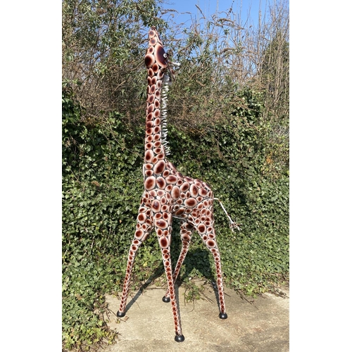 355 - CONTEMPORARY SCHOOL GIRAFFE GARDEN SCULPTURE, painted metal, 230cm H x 75cm.