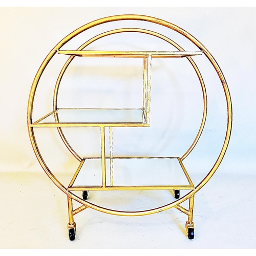 356 - COCKTAIL TROLLEY, gilt metal with mirrored shelves, 93cm H x 82cm x 37cm.