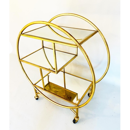 356 - COCKTAIL TROLLEY, gilt metal with mirrored shelves, 93cm H x 82cm x 37cm.