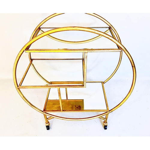 356 - COCKTAIL TROLLEY, gilt metal with mirrored shelves, 93cm H x 82cm x 37cm.