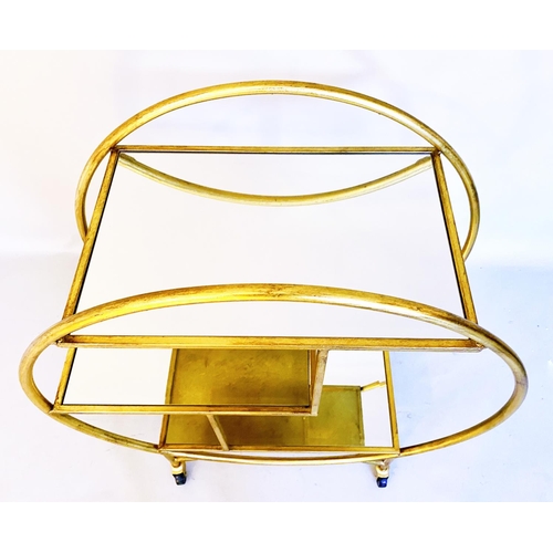 356 - COCKTAIL TROLLEY, gilt metal with mirrored shelves, 93cm H x 82cm x 37cm.