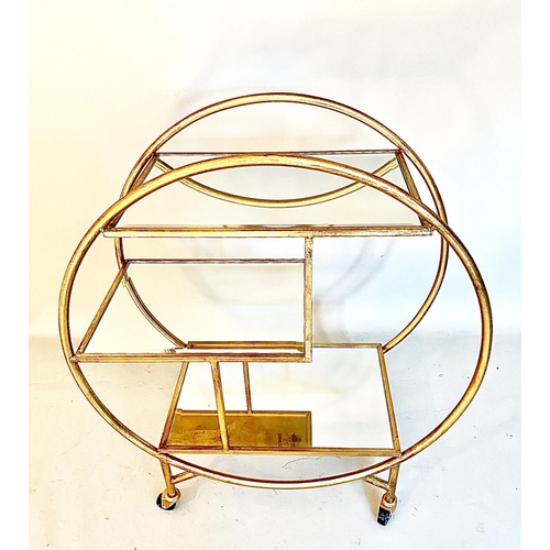 356 - COCKTAIL TROLLEY, gilt metal with mirrored shelves, 93cm H x 82cm x 37cm.