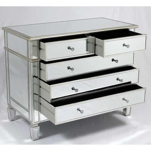 359 - MIRRORED CHEST, Venetian style with two short over three long drawers, 80cm H x 100cm x 50cm.