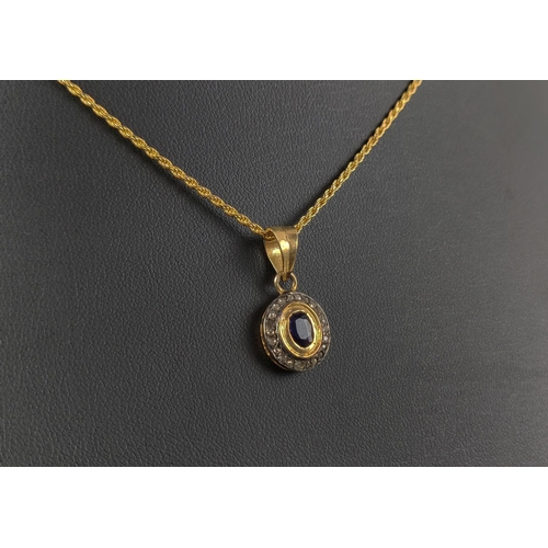 21 - AN OVAL SAPPHIRE AND DIAMOND PENDANT, silver-gilt chain, together with a matching pair of sapphire a... 