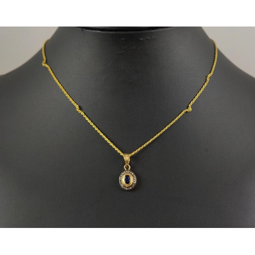 21 - AN OVAL SAPPHIRE AND DIAMOND PENDANT, silver-gilt chain, together with a matching pair of sapphire a... 