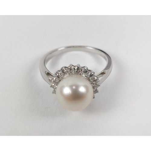 26 - A 9CT WHITE GOLD CULTURED PEARL AND DIAMOND RING, the single pearl surrounded by a halo of 18 round ... 