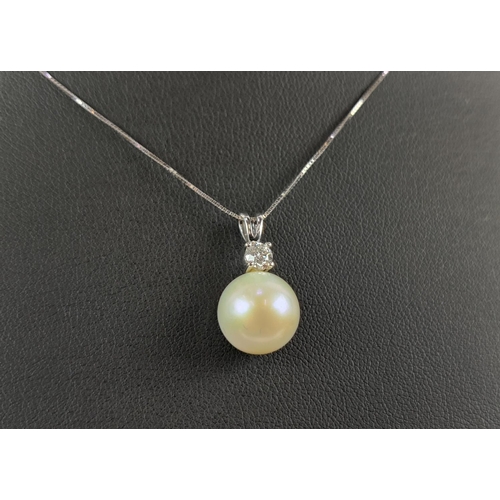 34 - A PEARL AND DIAMOND SET PENDANT NECKLACE, 9ct white gold chain, the pearl of 11mm diameter, the roun... 