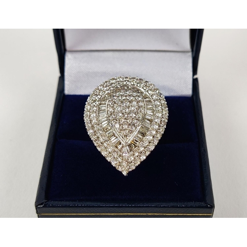 38 - A DIAMOND ENCRUSTED PEAR SHAPED DRESS RING, 9ct white gold shank, set with round brilliant and bague... 