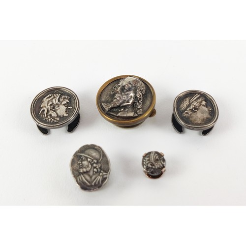 30A - A COLLECTION OF ANTIQUE PIECES, comprising 19th century buttonhole stud depicting a Classical profil... 