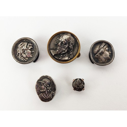 30A - A COLLECTION OF ANTIQUE PIECES, comprising 19th century buttonhole stud depicting a Classical profil... 