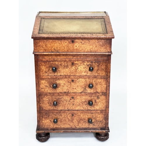 105 - DAVENPORT, early Victorian burr walnut with gilt tooled green leather writing surface enclosing fitt... 