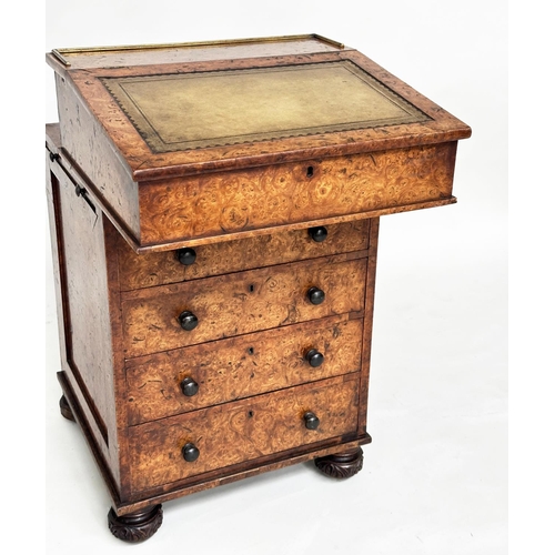 105 - DAVENPORT, early Victorian burr walnut with gilt tooled green leather writing surface enclosing fitt... 