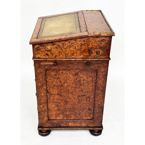 105 - DAVENPORT, early Victorian burr walnut with gilt tooled green leather writing surface enclosing fitt... 