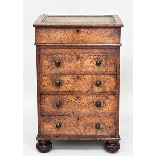 105 - DAVENPORT, early Victorian burr walnut with gilt tooled green leather writing surface enclosing fitt... 