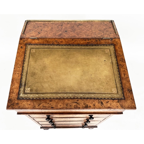 105 - DAVENPORT, early Victorian burr walnut with gilt tooled green leather writing surface enclosing fitt... 