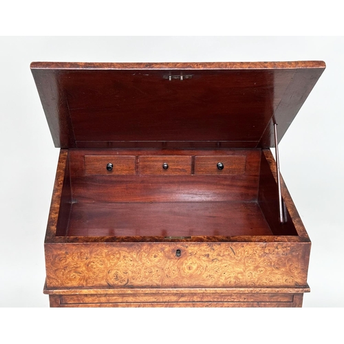 105 - DAVENPORT, early Victorian burr walnut with gilt tooled green leather writing surface enclosing fitt... 