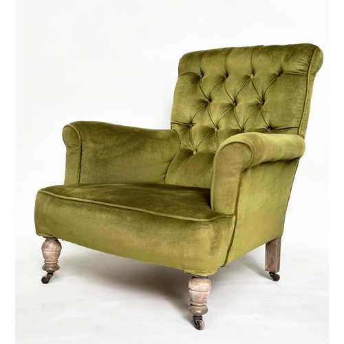 125 - ARMCHAIR, early 20th century Edwardian with moss green velvet upholstery with buttoned back and turn... 