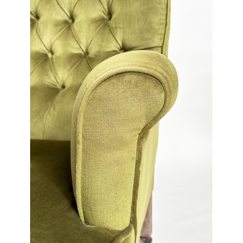 125 - ARMCHAIR, early 20th century Edwardian with moss green velvet upholstery with buttoned back and turn... 