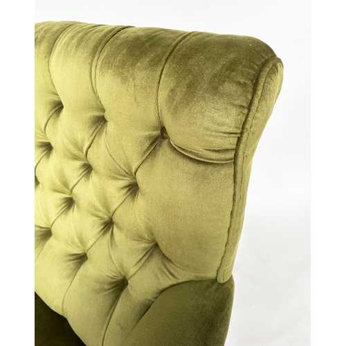 125 - ARMCHAIR, early 20th century Edwardian with moss green velvet upholstery with buttoned back and turn... 