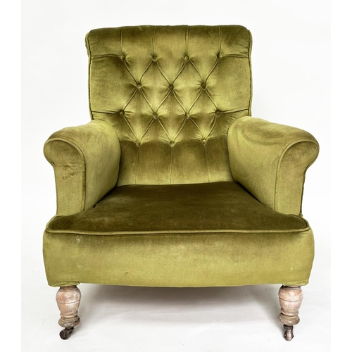 125 - ARMCHAIR, early 20th century Edwardian with moss green velvet upholstery with buttoned back and turn... 