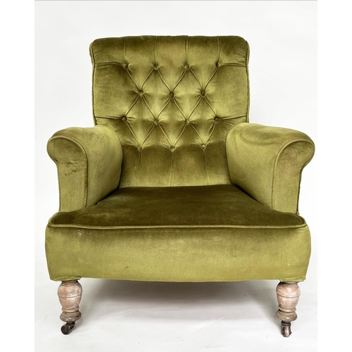 125 - ARMCHAIR, early 20th century Edwardian with moss green velvet upholstery with buttoned back and turn... 