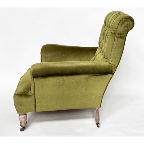 125 - ARMCHAIR, early 20th century Edwardian with moss green velvet upholstery with buttoned back and turn... 