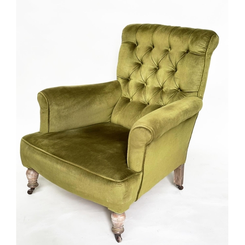 125 - ARMCHAIR, early 20th century Edwardian with moss green velvet upholstery with buttoned back and turn... 