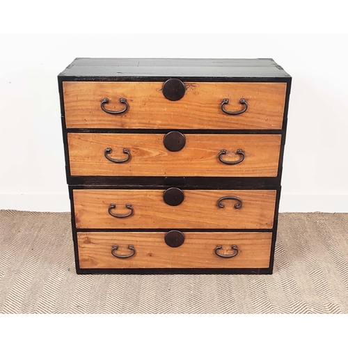 165 - TANSU CHEST, Meiji firwood and ebonised in two parts with four drawers and retractable iron carrying... 