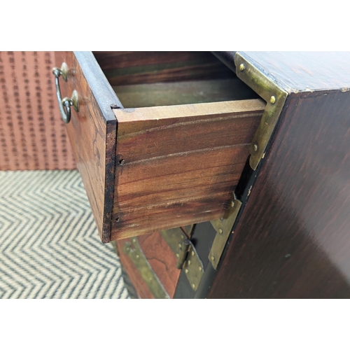 166 - BEDSIDE CABINETS, a pair, Korean elm and brass bound, each with two drawers and two doors, 42cm H x ... 