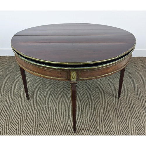 161 - TRIPLE TOP DEMI LUNE GAMES TABLE, Directoire mahogany, brass mounted and green baize lined, 78cm H x... 