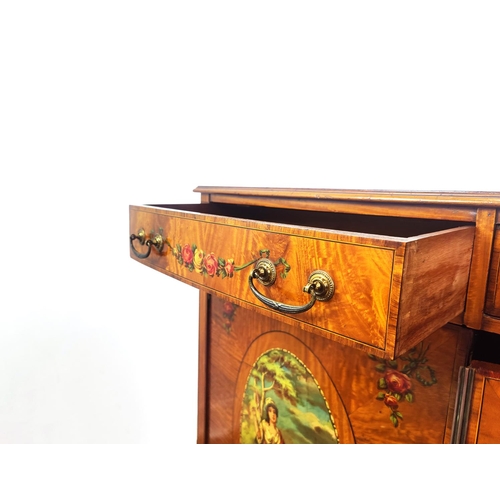 160 - SATINWOOD SIDE CABINET, early 20th century Edwardian bowfront satinwood and painted with two drawers... 