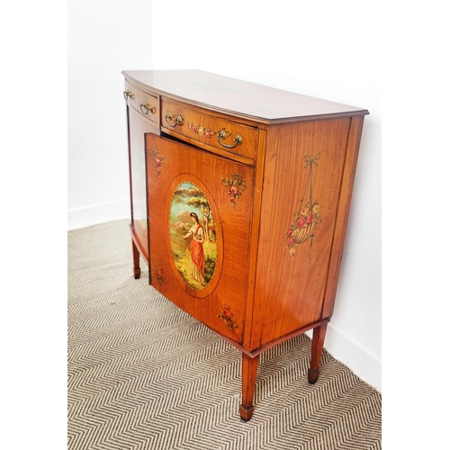 160 - SATINWOOD SIDE CABINET, early 20th century Edwardian bowfront satinwood and painted with two drawers... 